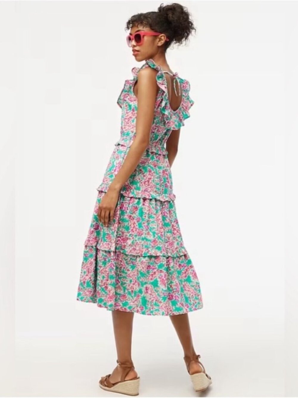 J.CREW 2P Floral Ruffle Scoop Midi Tiered A-line Sun Dress Flutter Boho Summer